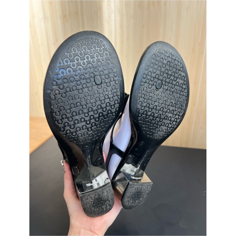 Salvatore Ferragamo Black Patent T-Strap Sandals with Floral Appliqué - Picture 6 of 6